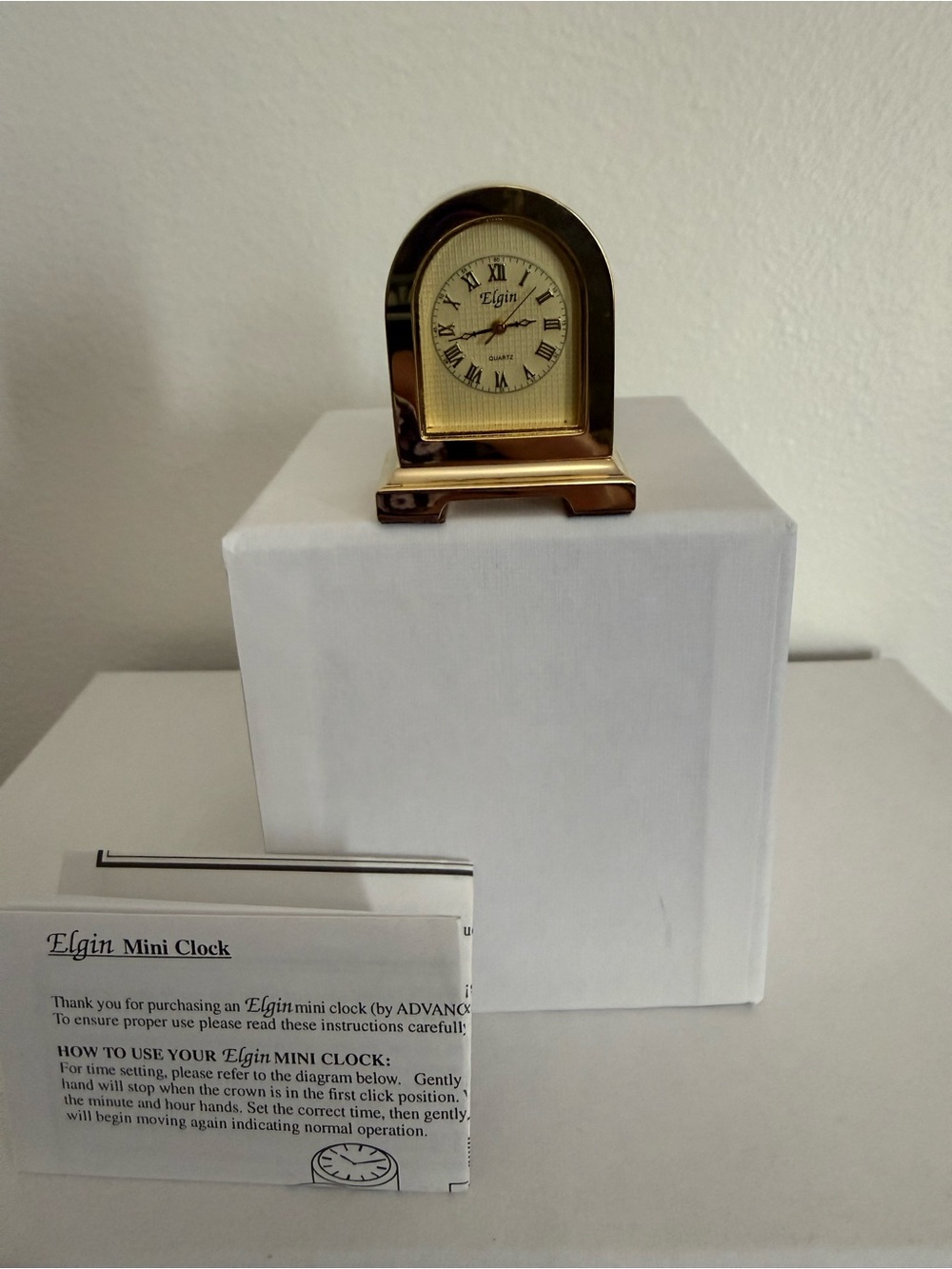 Elgin Mini Mantel Clock Gold Tone Quartz Roman Numerals Open Face w/ Manual